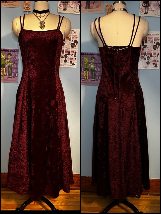 Vintage Dresses & Skirts - Vintage 90s Y2K Burgundy Stretch Velvet Whimsigoth Maxi Dress Sm/Md